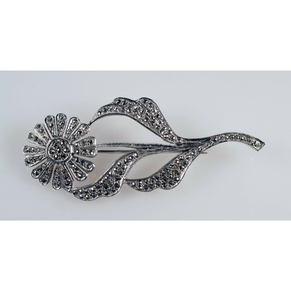 Large Sterling Silver Marcasite Daisy Brooch Pin - Picture 3 of 5